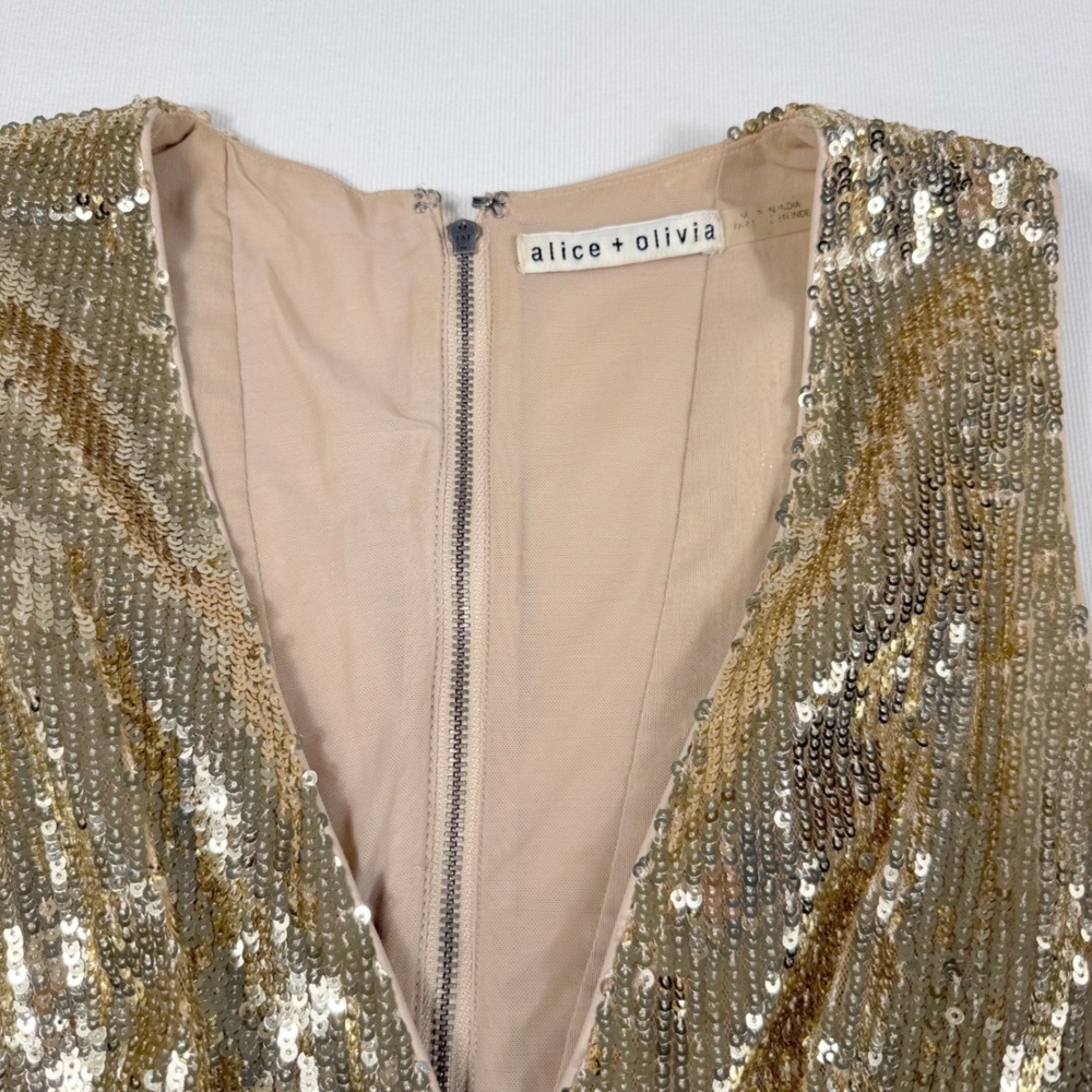 Alice + Olivia Sequin Maxi Dress Gold V-Neck Slit Gala Sparkle Glam Statement - Picture 8 of 16